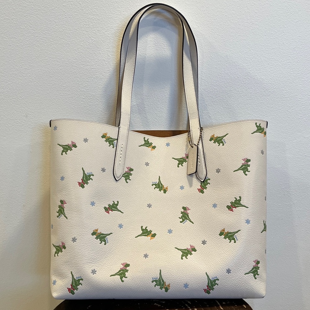 Coach Rexy Holiday Highline Tote with Dinosaurs and Snowflakes - Chalk White